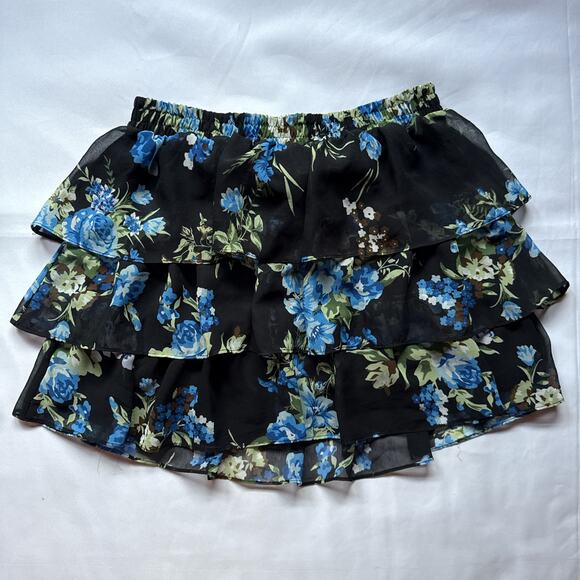 Forever 21 Black Blue Floral Ruffle Tier Mini Skirt Small Grunge Fairy Romantic - Picture 2 of 5